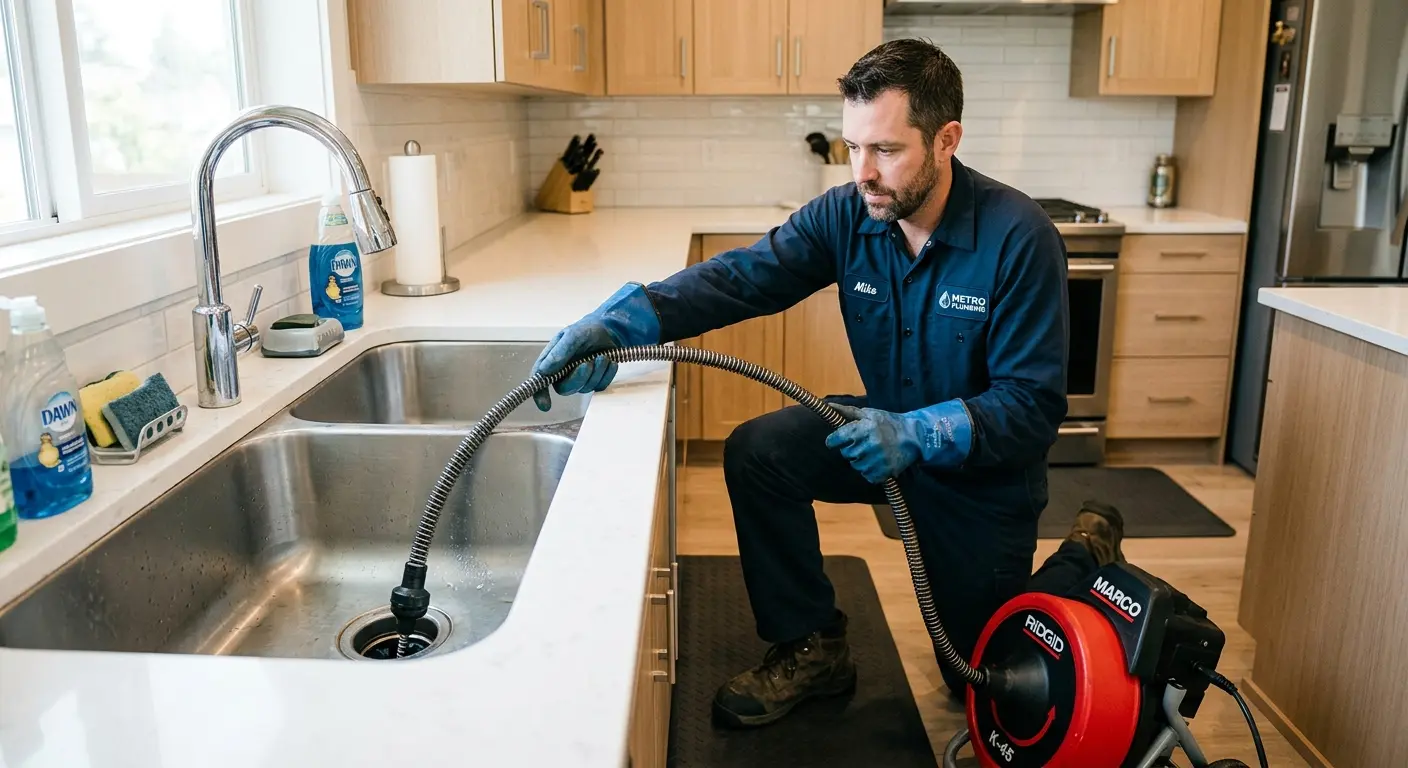 Drain cleaning technician using a motorized snake on a kitchen sink in Rincon