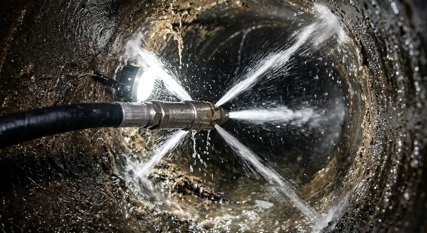 High-pressure hydro jetting nozzle cleaning sewer pipe for Sewer Cleanout in Rincon