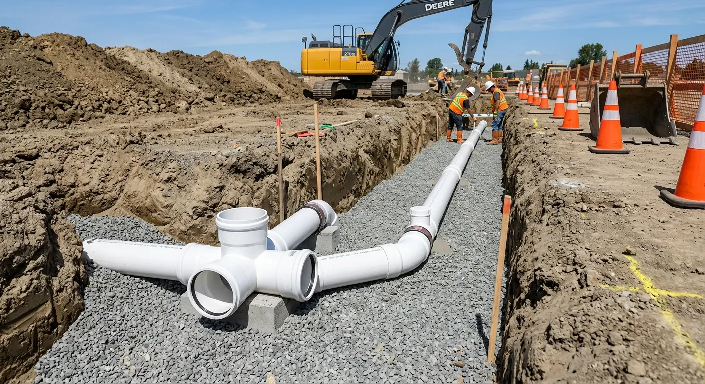 New PVC sewer pipe installation in open trench for Sewer Backup in Rincon