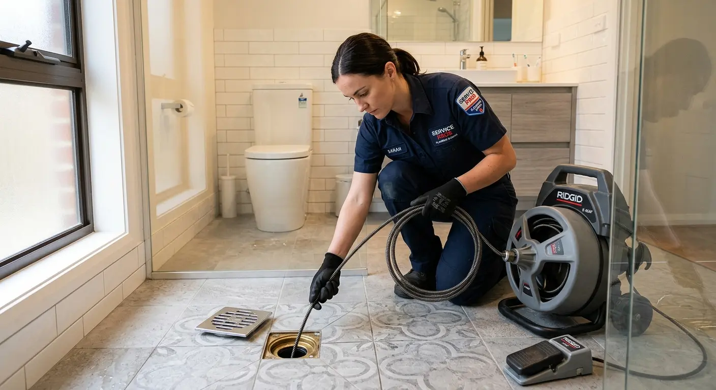 Technician clearing a bathroom floor drain for Sewer Line Replacement in Rincon